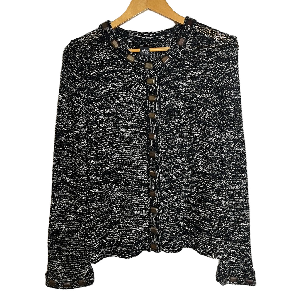 BCBG Max Azria Womens Sweater L Gray Marled Knit Button Detail Workwear Designer